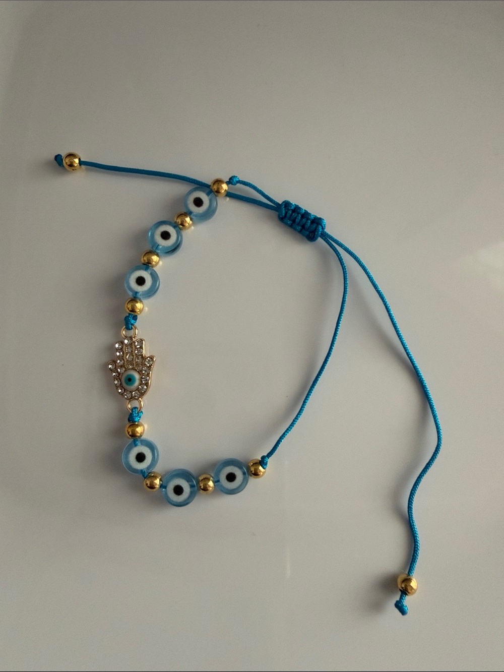 Crystal Hamsa Beaded Adjustable Bracelet Light Blue Evil Eye Handmade Jewelry
